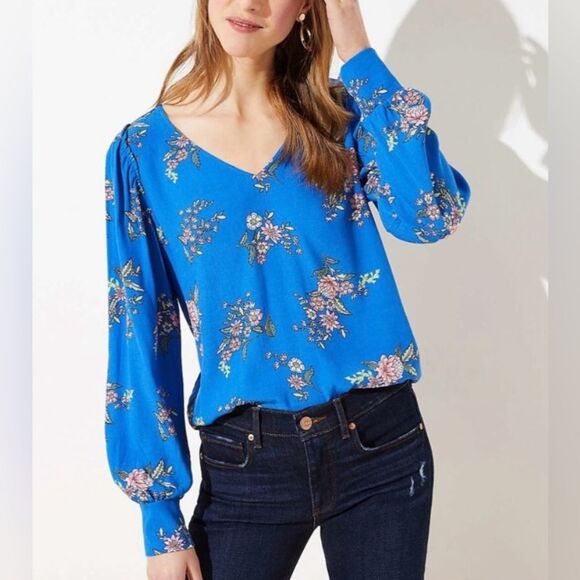 LOFT Blue Floral Print V-Neck Ruffle Shoulder Long Sleeve Blouse - Picture 1 of 11